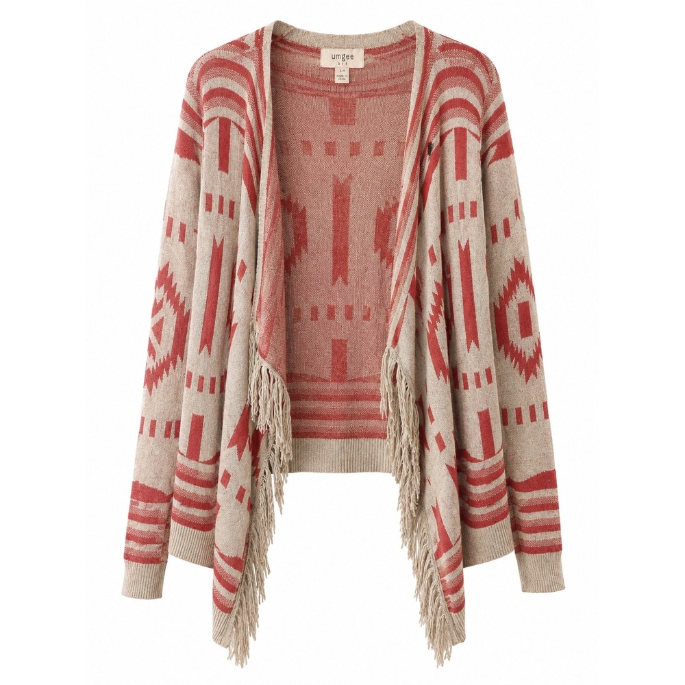 Umgee Women's Small Southwestern Fringe Cardigan Coral Red Geometric Boho